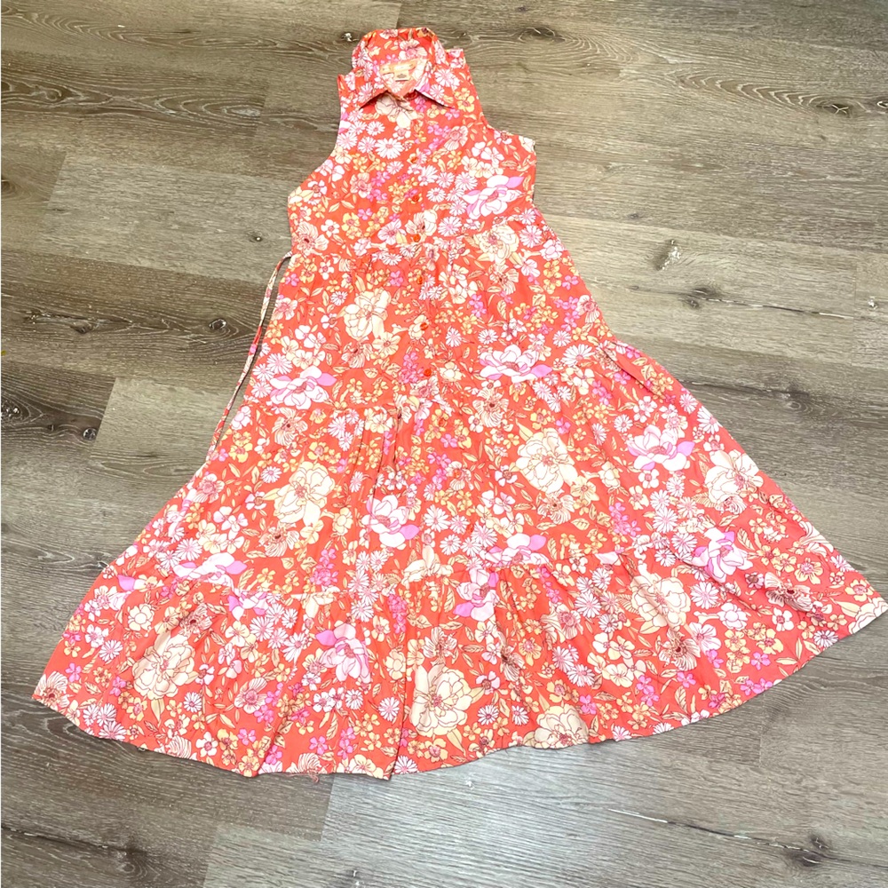 BOG Collection Women Coral Floral Sleeveless Button Tiered Dress Size XS